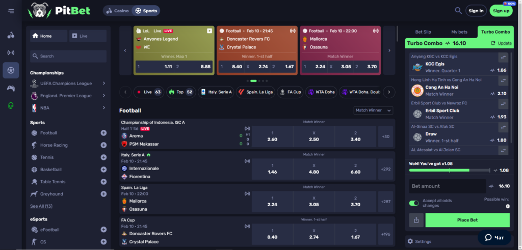Explore Pitbet Casino sport page