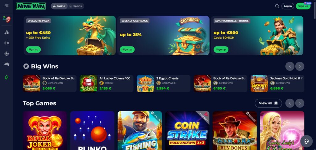 Explore NineWin Casino homepage