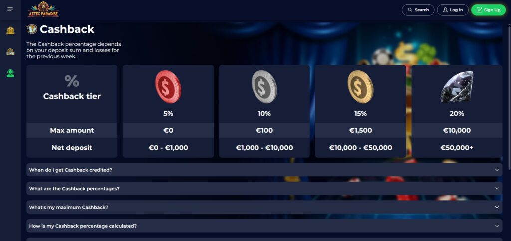 Explore Aztec Paradise Casino cashback