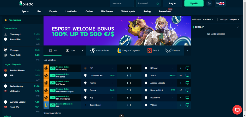 Discover Rolletto Casino eSport page