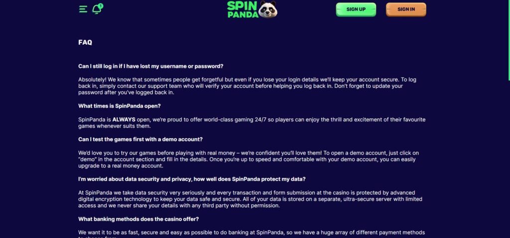 Discover Spin Panda Casino FAQ page