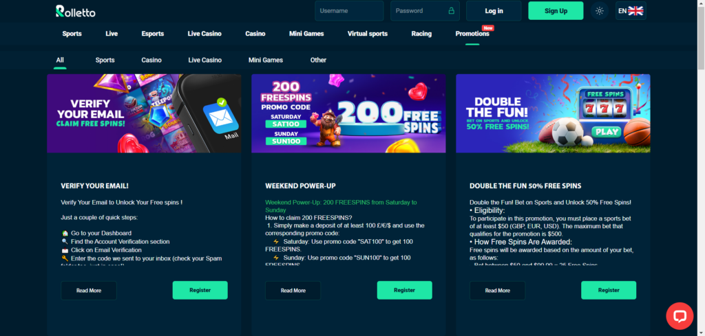 Discover Rolletto Casino promotions page