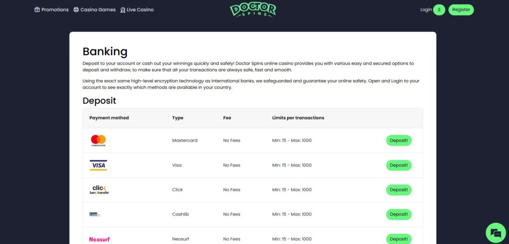 Doctor Spins Casino Payment Page