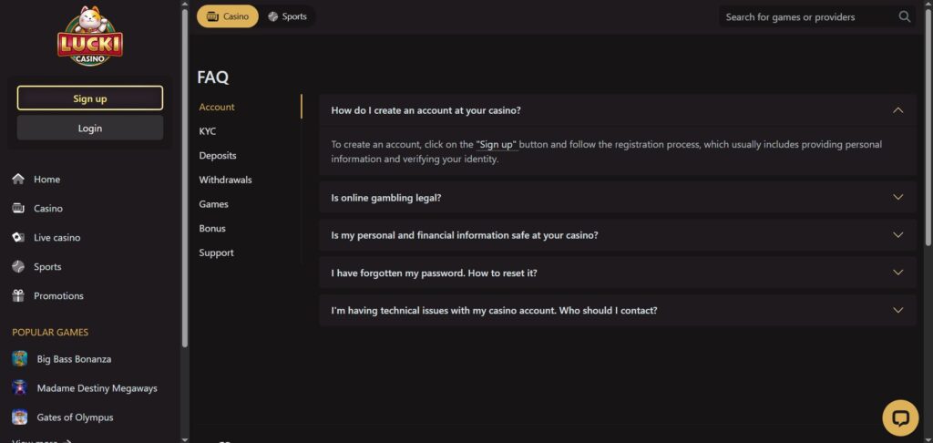 Lucki Casino FAQ Page