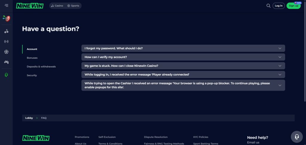 NineWin FAQ Page