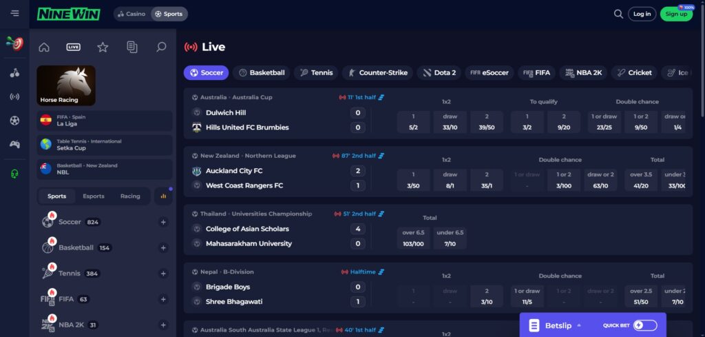 NineWin Live Sports Page