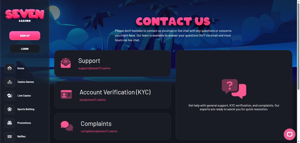 Explore Seven Casino support page