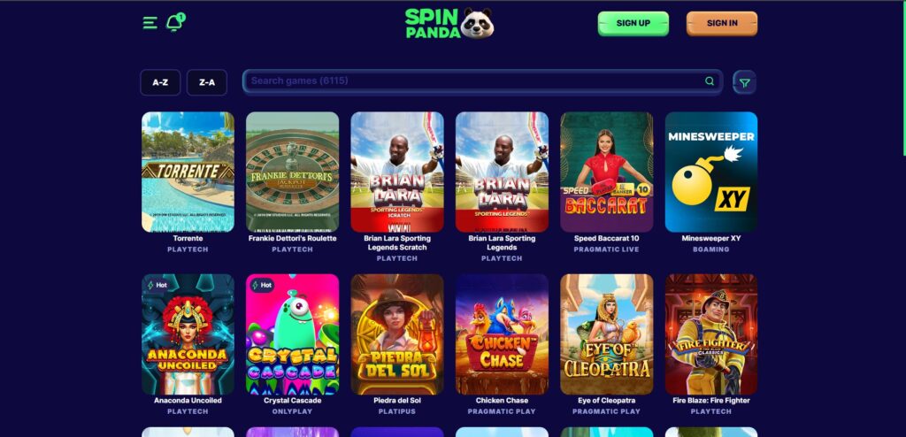 Explore Spin Panda Casino games page
