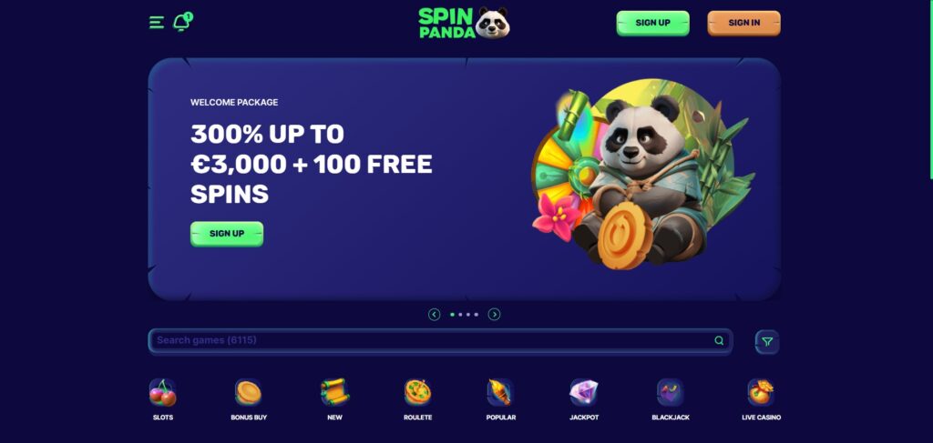 Explore Spin Panda Casino homepage