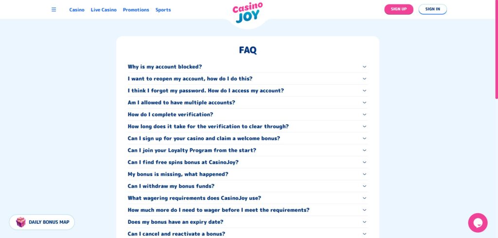 Faq Section at Casinojoy Casino
