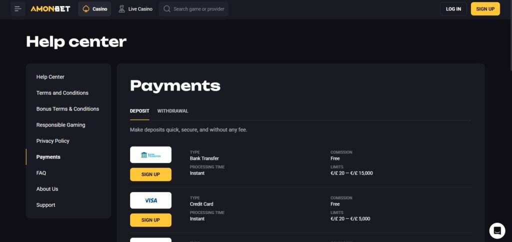 Explore payment methods at Amonbet Casino