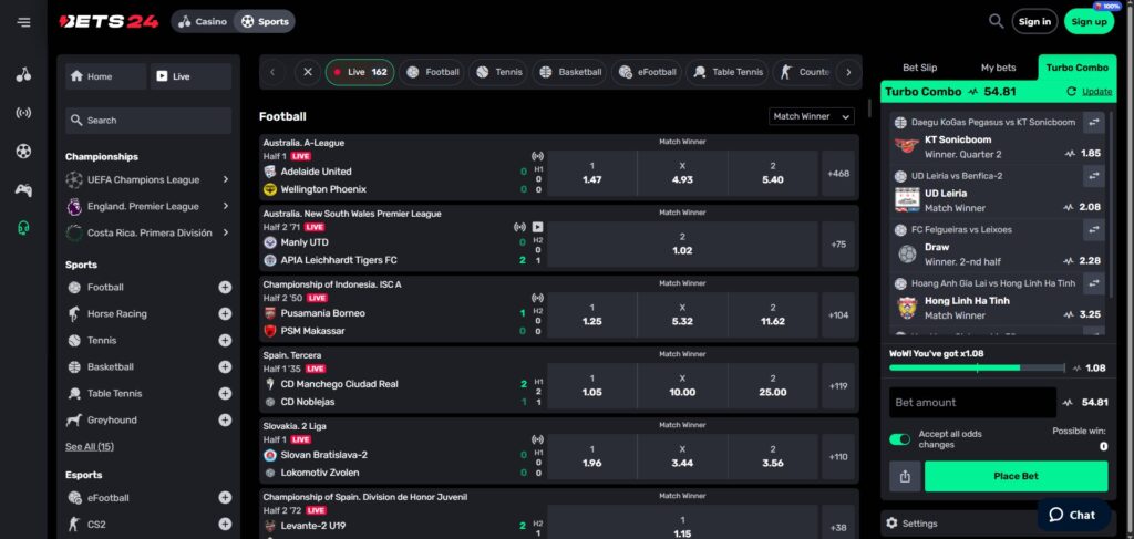 Explore Bets24 Casino Live Sports Page
