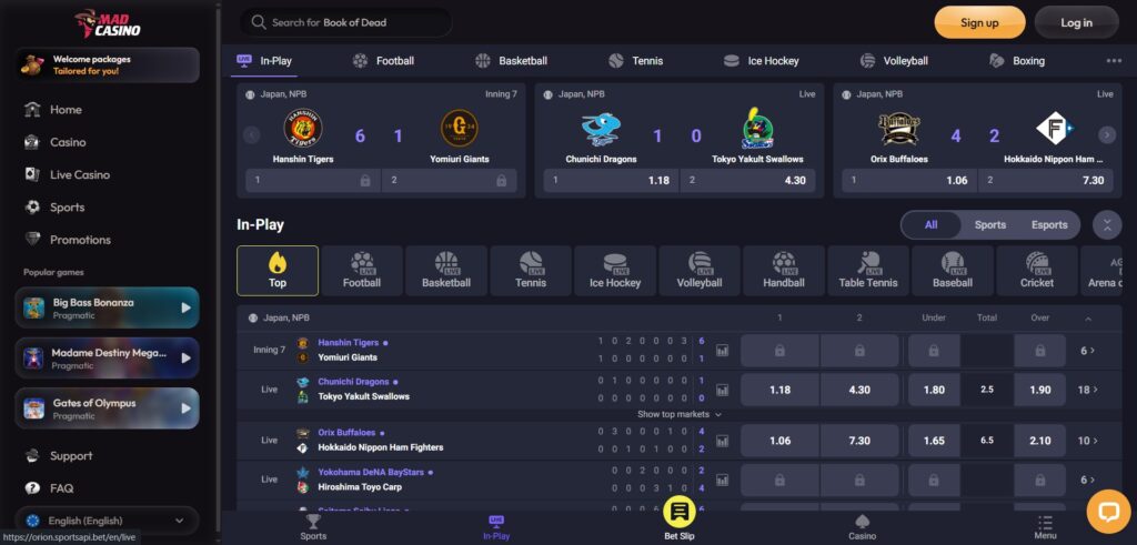 Explore Mad Casino betting page