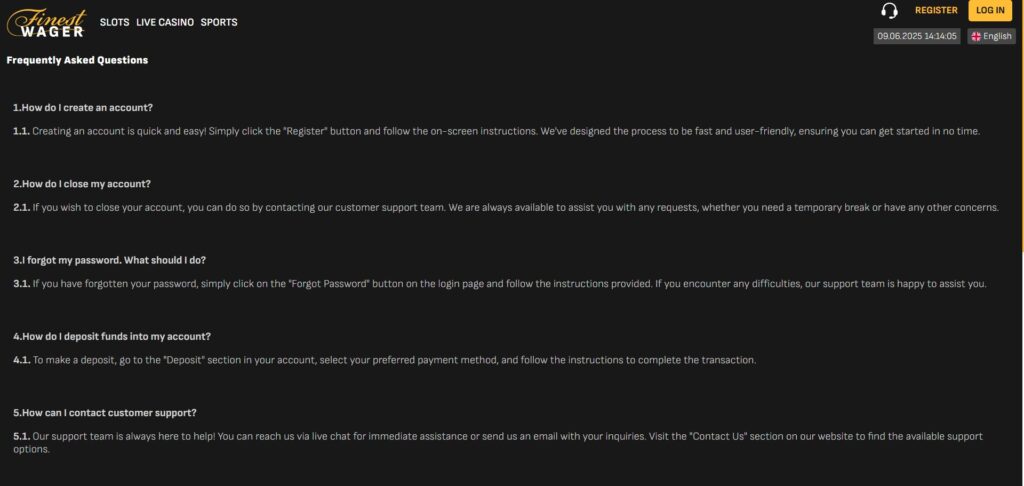 Discover Finestwager Casino FAQ page