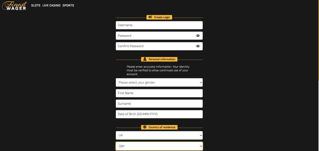 Discover Finestwager Casino register page