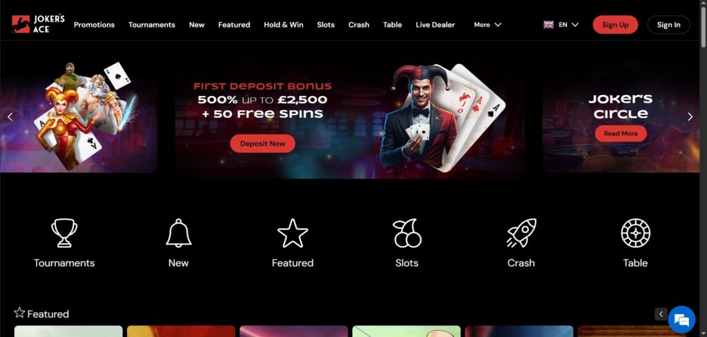 Explore Joker's Ace Casino homepage