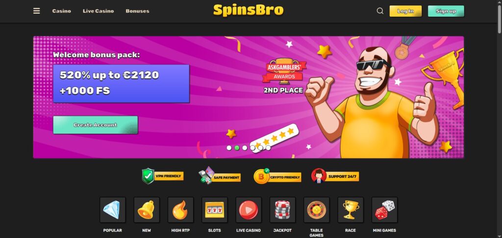 Explore SpinsBro Casino homepage